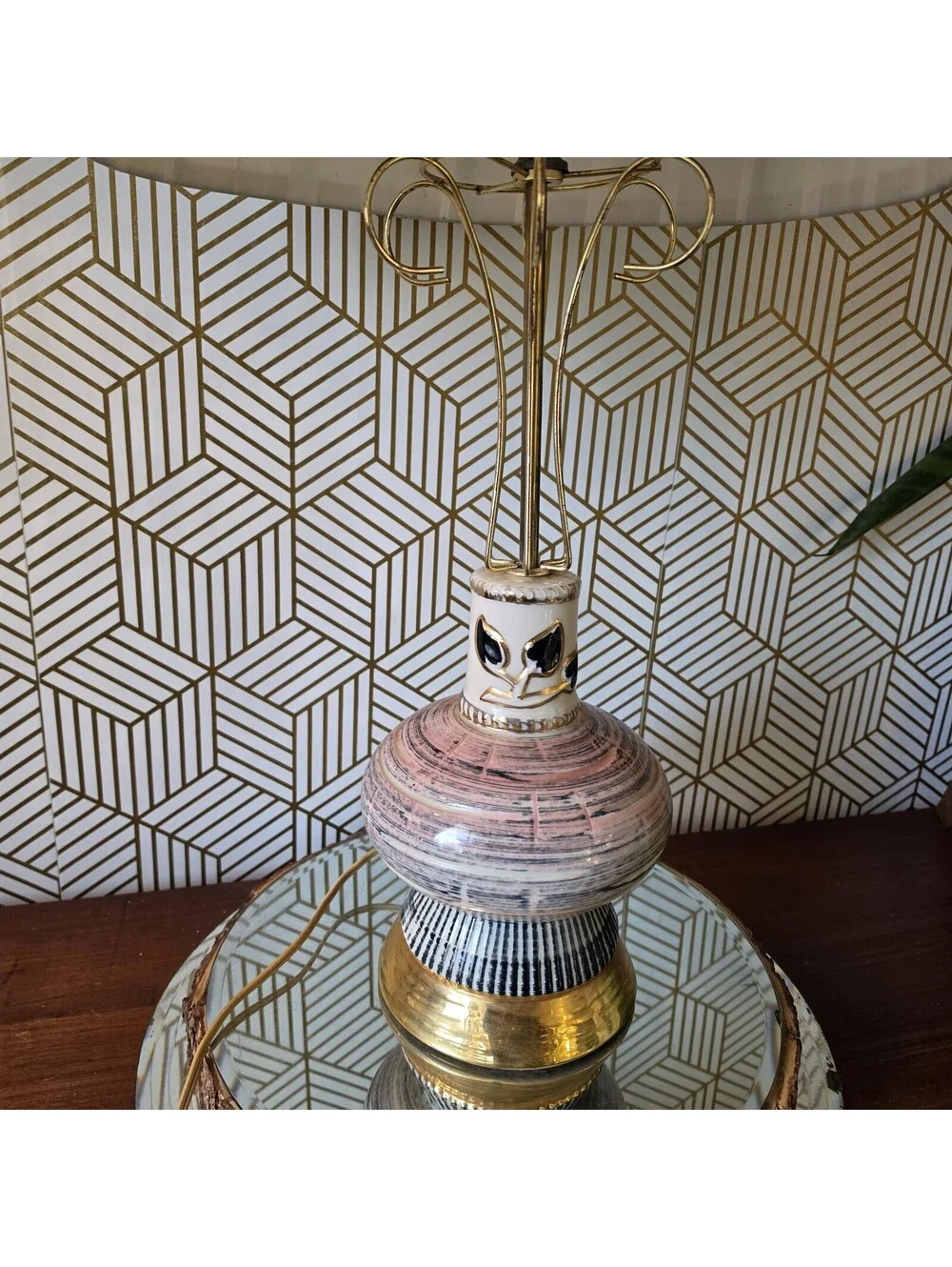 Vintage 1950s Mid Century Ceramic Lamp Pink Black Gold Atomic Wire Cage & Shade